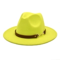 Detail of neon yellow wool fedora hat with brown leather band and gold horsebit buckle - Neon Yellow / M (56-58cm)
