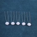 Detail of five white floral U-shaped hair pins with silver metal clips for bridal styling - Layered Petal Flower Style (FZ-001) / 5 Pcs Set / White