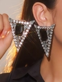Exaggerated black triangular drop earrings with crystals shown on model in starry light - Large Triangle (RJE001PL-BK) / Black and Silver