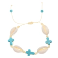 Bohemian woven bracelet with cream cord, white shell, and blue turquoise cross - Cross (N-244)