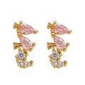 Gold seahorse earrings with pink pear-cut zircon stones and white crystal accents - Pink Seahorse