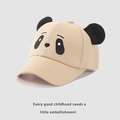 Detail of cute panda face design and 3D black ears on light beige kids baseball cap - Kids / Khaki