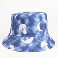 Macro detail of tie-dye bucket hat featuring white mushroom and crescent moon patterns - M (56-58cm) / Mushroom Butterfly Navy Blue