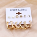 Lot de 6 paires de boucles d'oreilles géométriques dorées avec perles et cristaux - Ensemble Perle Satin Champagne (Z22)
