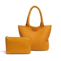 Large ginger orange woven leather tote bag with matching zipper pouch for women - Yellow