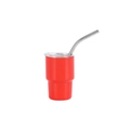 Red 3oz stainless steel mini tumbler with clear lid and metal straw on white background - Red