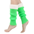 Detail of green ribbed knit leg warmers with thick white faux fur trim and soft texture - One Size / Fluorescent Green