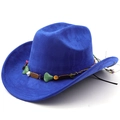 Detail of royal blue felt fedora featuring a colorful turquoise beadwork ethnic hat band - Sapphire Blue