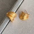 Macro detail of golden C-shaped metal earrings featuring a brushed textured surface finish - S925 Silver Pin / Gold