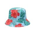 Women's sun bucket hat featuring red hibiscus and green palm leaves on light blue fabric - Blue Colorful Hibiscus (Y)
