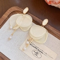 Elegant earrings featuring creamy gems, pale yellow organza flower petals and pearl tassels - Flower Style (48#) / 925 Silver Needle / Gold-White