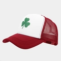 Close-up of red mesh baseball cap with green clover embroidery and breathable texture - Wine Red and White