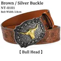 Detailed close-up of 3.8cm brown leather belt with floral embossing and bull head buckle - Brown Silver Buckle (Bull Head)