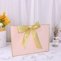 Pink white card gift paper bag with a large golden satin bow and gold trim edges - 28*20*10cm / Pink with Gold Edge + Gold Ribbon