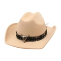 Ethnic style beige felt cowboy hat with woven band and silver bull skull ornament - One Size / Beige (Bull Head)