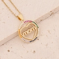 18K gold plated heart necklace with rainbow crystals and MOM engraving on stone - Rainbow Zircon Edge Round mom Style (3#)