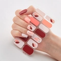 Detail of 3D laser gold nail stickers in red and pink with model hand display DQ-24 - DQ-24 Abstract Patchwork Gold Dots