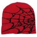 Detailed knit texture of red beanie with black spider web pattern for winter warmth - One Size / Red Black