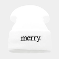 Minimalist white knitted beanie with black merry embroidery in a modern outdoor style - One Size / White