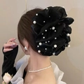 Elegant black mesh hair scrunchie with white pearls for a sophisticated updo hair style - Black Pearl-Bubble Claw Clip
