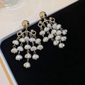 Baroque white pearl flower drop earrings in silver finish with retro fringe style - Silver White Irregular