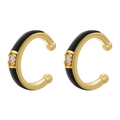 Detail of minimalist gold C-shape ear cuff with black enamel and sparkling zircon inlay - 1 Pair / Black