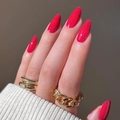 Gold chain ring set with sparkling zircon crystals on red almond press-on nails - Glue Type / Bright Rose Red Style (JP3354)