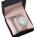 Hip hop silver and gold watch and Cuban bracelet set with crystals in luxury gift box - Two-tone Set (black Box)