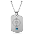Silver Leo zodiac military tag necklace with blue gemstone on stainless steel chain - Steel Leo Male