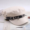 Chic off-white PU leather newsboy hat featuring punk style metal studs and buckle - Punk Studded Flat Top / Beige