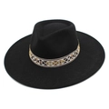 Classic black wool fedora hat featuring an ethnic embroidered band with geometric patterns - M (56-58cm) / Black