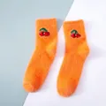 Thick orange coral fleece socks featuring cute cherry embroidery and plush texture - One Size / Orange Cherry