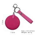 Mini round rose red portable folding mirror case with silver keychain and leather strap - Large (7.3cm) / Deep Berry