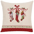 Beige linen Christmas pillow cover featuring festive stockings with gifts and red dots - 45*45cm (No Insert) / Style-2 (Christmas Stockings)