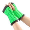 Close-up of green cable knit fingerless gloves with soft grey faux fur trim details - One Size / Neon Green 16#