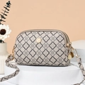 Women's double zipper crossbody bag with dark grey floral print and golden logo - Khaki Clover