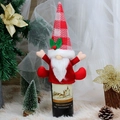 Christmas gnome wine bottle cover with red and white plaid knit hat and festive holly detail - Red Pink Checkered Hat Cartoon Gnome Wine Bottle Cover