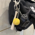 Three-piece baseball keychain set featuring a yellow ball, wood bat, and black glove charm - 2CM Yellow Ball Long Bat Black