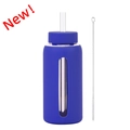 800ml deep blue silicone sleeve glass water bottle with straw and cleaning brush kit - Sapphire Blue