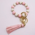 Siliconen kralen armband sleutelhanger in roze en wit met gouden ring en PU-lederen kwast - Roze Witte Kralen/Roze Kwast