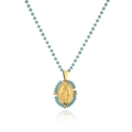 Collana di perle blu con ciondolo dorato della Vergine Maria e dettagli in rilievo - Oro Blu Verde Vetro