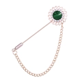 Golden sunflower lapel pin with green center stone and dangling chain for suits - Green (Gold Base)