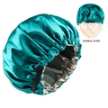 Double-layered green satin sleep bonnet with adjustable elastic band and silk texture - Peacock Blue