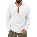 Detailed close-up of white Henley neck shirt showing cotton linen fabric texture and buttons - S / Top (YZ-1) / White