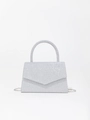 Silver sequin evening handbag with metallic top handle and chain strap for parties - V-Shape Flap / Silver