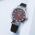 Women's quartz watch with brown leather strap and rhinestone bezel decorations - Coffee