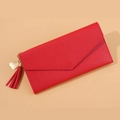 Red long envelope wallet for women with PU leather texture and golden heart tassel charm - Red