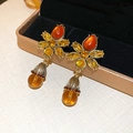 Vintage gold embroidered flower earrings with amber gemstones and teardrop pendants - Amber Rhinestone Butterfly Waterdrop Earrings
