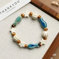 Blue and brown ceramic beaded bracelet with star and fish charms on canvas - Three Fish Style (1645-09) / Blue and Brown Mixed
