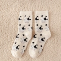 Thick warm winter socks in off-white plush with cute black and white cow patterns - Beige Little Cow